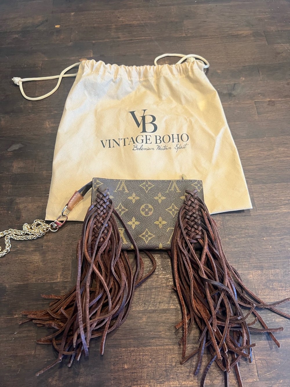 Vintage Boho Louis Vuitton Monogram Fringe  Bag with Gold Accents